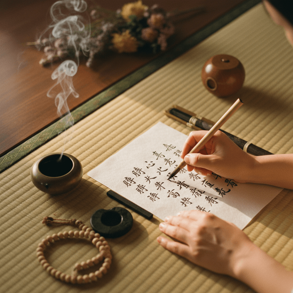 墨で文字を書く写経の手元