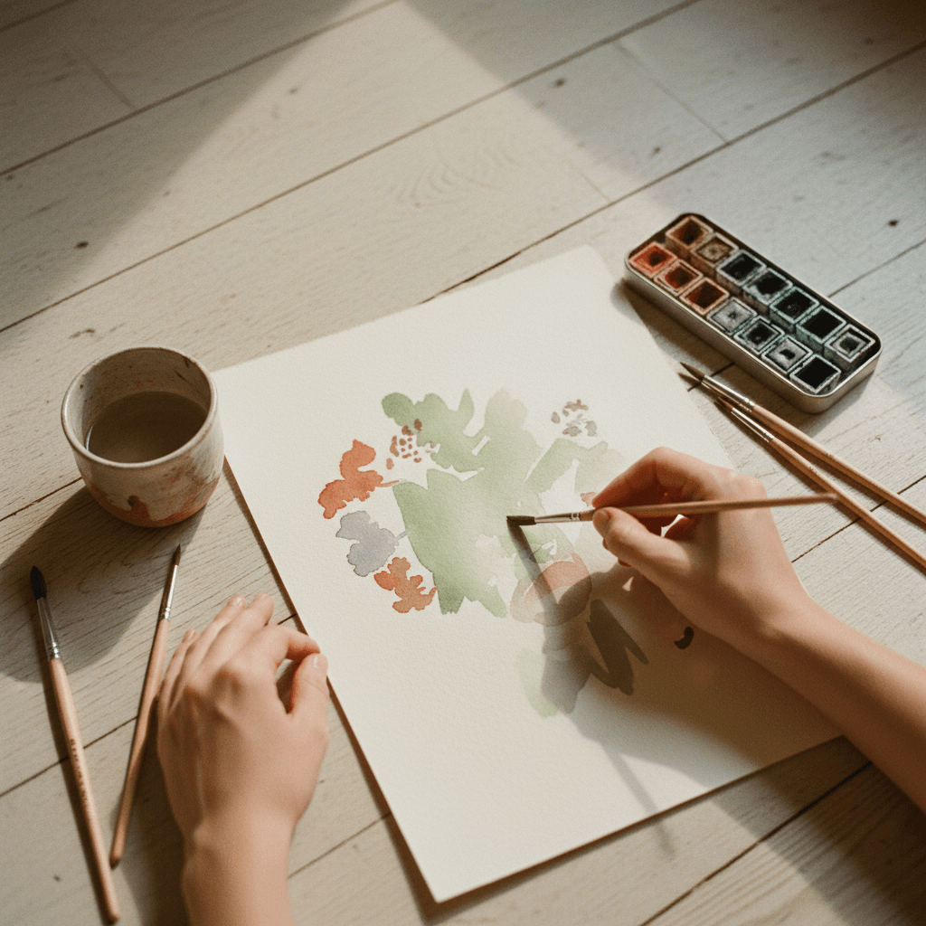 床に座って絵を描く人